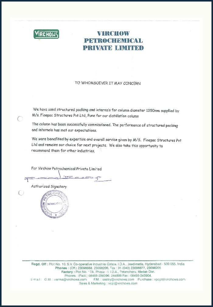 Virchow petrochemical certificate
